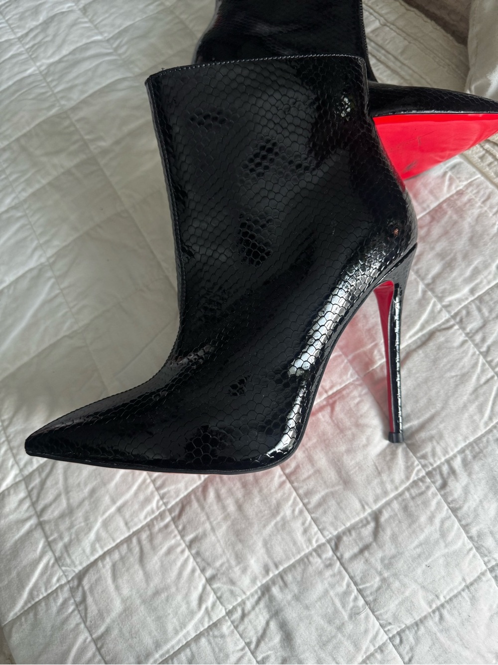 Christian Louboutin Black Patent Pointed Stiletto Ankle Boots with Red Sole